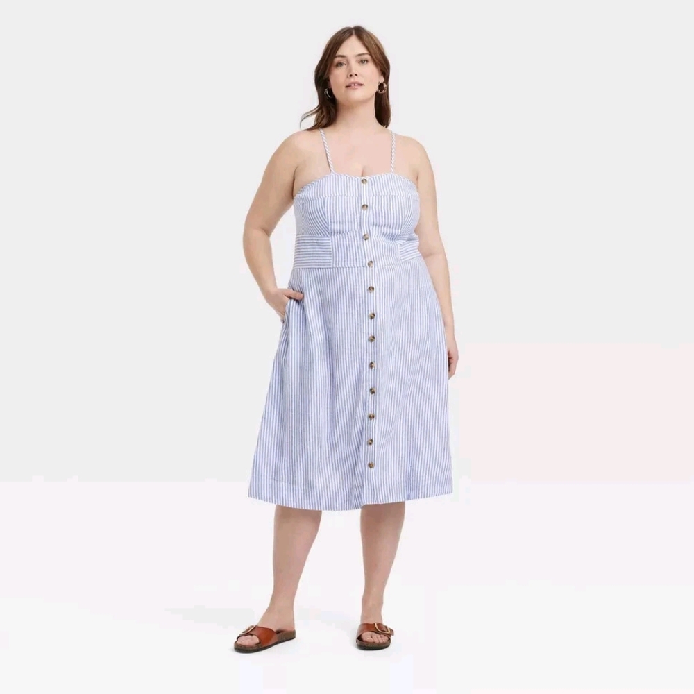 NWT Blue Linen Corset A-line Midi Dress Size XL